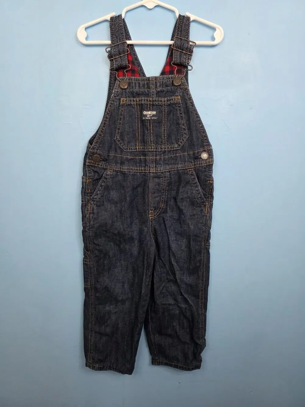 OshKosh Bgosh 3T Denim Buffalo Plaid Flannel Lined Bibs Overalls Jean Toddler